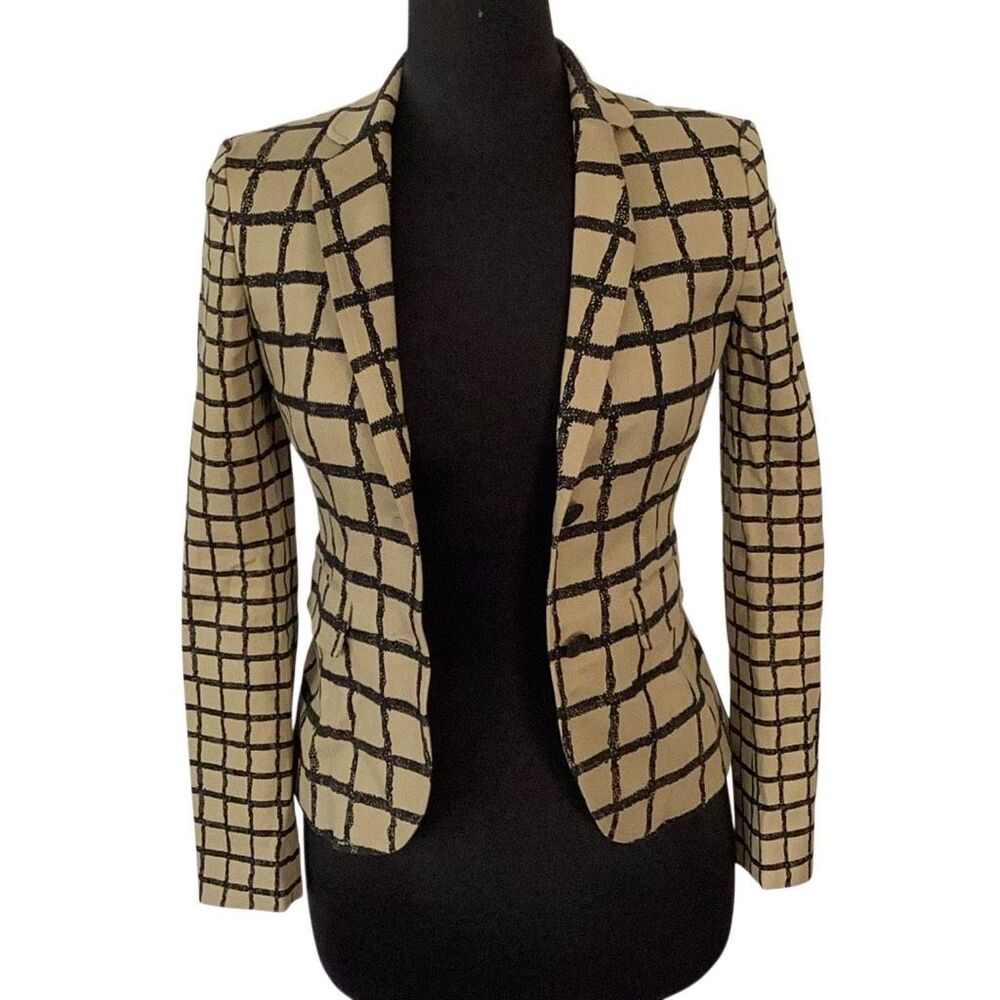 Rag & Bone Sz 2 Windowpane Plaid Blazer Made in USA Silk Blend Lined Black Khaki - Picture 2 of 12